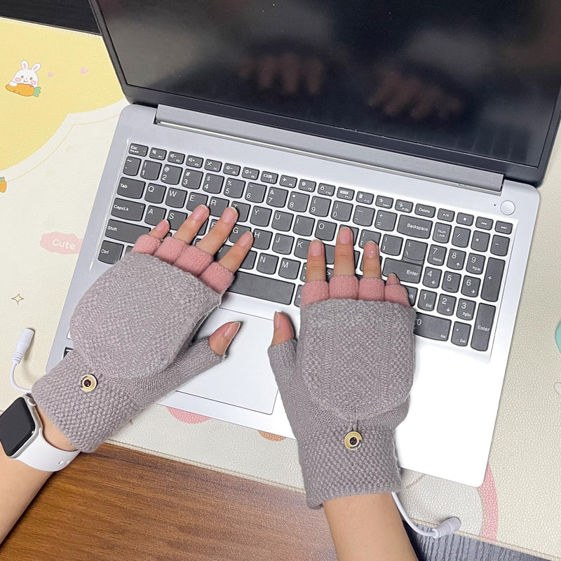 Women's & Men's USB Heated Gloves Mitten Full & Half Fingerless Winter Hands Warmer Laptop Gloves Grey Pink