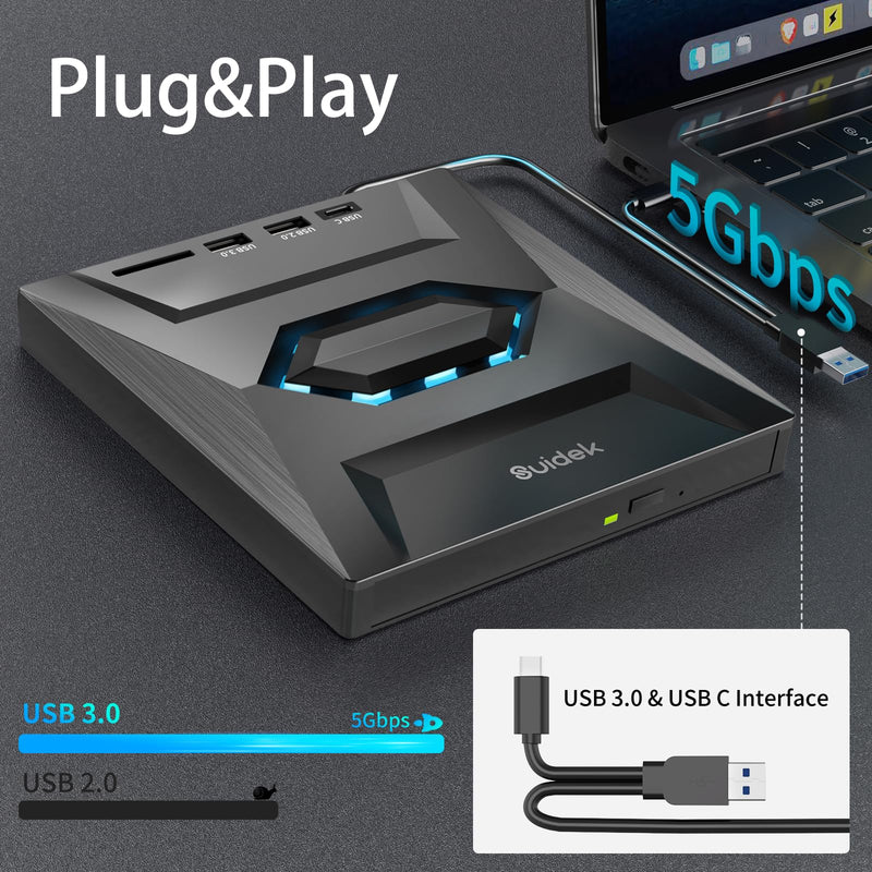 [AUSTRALIA] - SUIDEK External CD DVD Drive for Laptop, USB C Portable CD/DVD +/-RW Burner DVD Player with SD Card Reader USB 3.0 Type C Hub Compatible with Laptop PC Windows Linux Space Black 