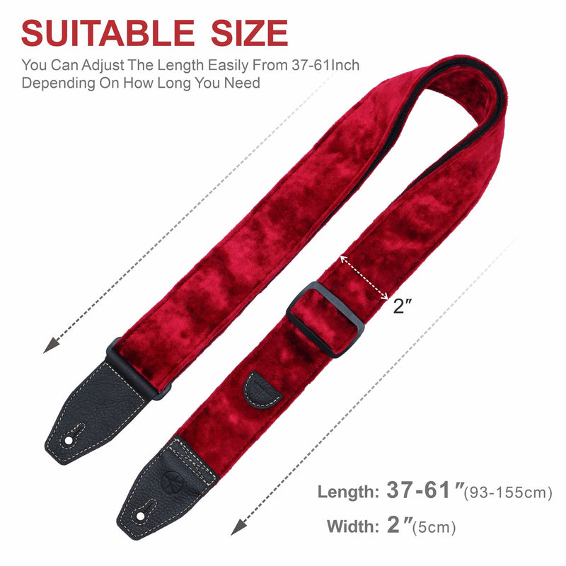Guitar Strap 2 inch Velvet Guitar Straps with Full Grain Leather End, for Bass Electric and Acoustic Guitars, Free Strap Button, 2 Strap Locks and 4 Guitar Picks Red