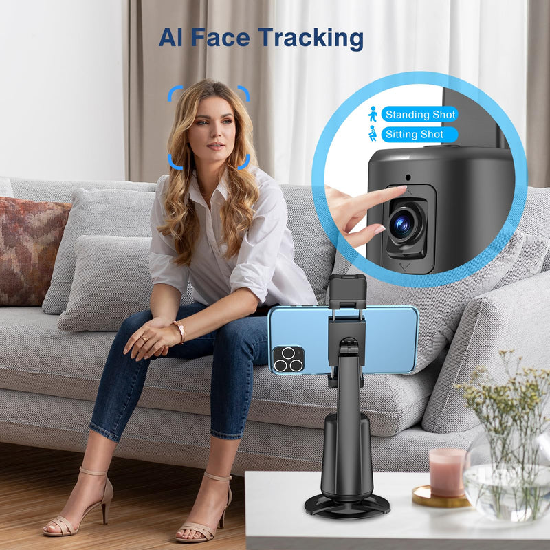 [AUSTRALIA] - Auto Face Tracking Tripod 360° Rotating Auto Tracking Phone Stand, No App, Phone Camera Stand with Remote and Gesture Control, Rechargeable Smart Shooting Stand for Live Video Recording Tiktok Black 