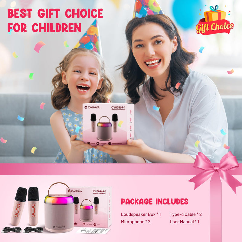 CAHAYA Karaoke Machine for Kids Gifts: Mini Bluetooth Machine with 2 Wireless Microphones Portable Karaoke Speaker with LED Lights for Kids 3 4 5 6 7 8 9 10 11 12 Years Old Singing Pink CY00369-1
