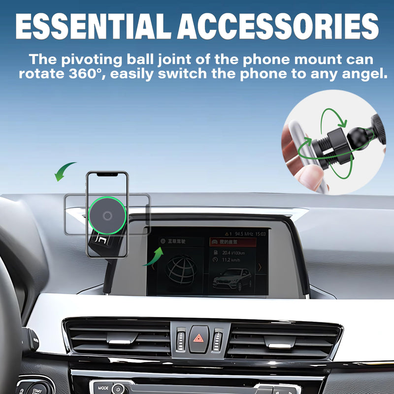 Car Phone Mount for 2016-2019 BMW The X1/BMW The X2 6.5" Screen Accessories | MagSafe 15W Fast Wireless Charger Cell Phone Holder,360° Rotatable 3D Fit Navigation Clip-On Cradle,will Not Block Air Vents fit for 2016-2019 BMW The X1 / The X2 (6.5 Inch)