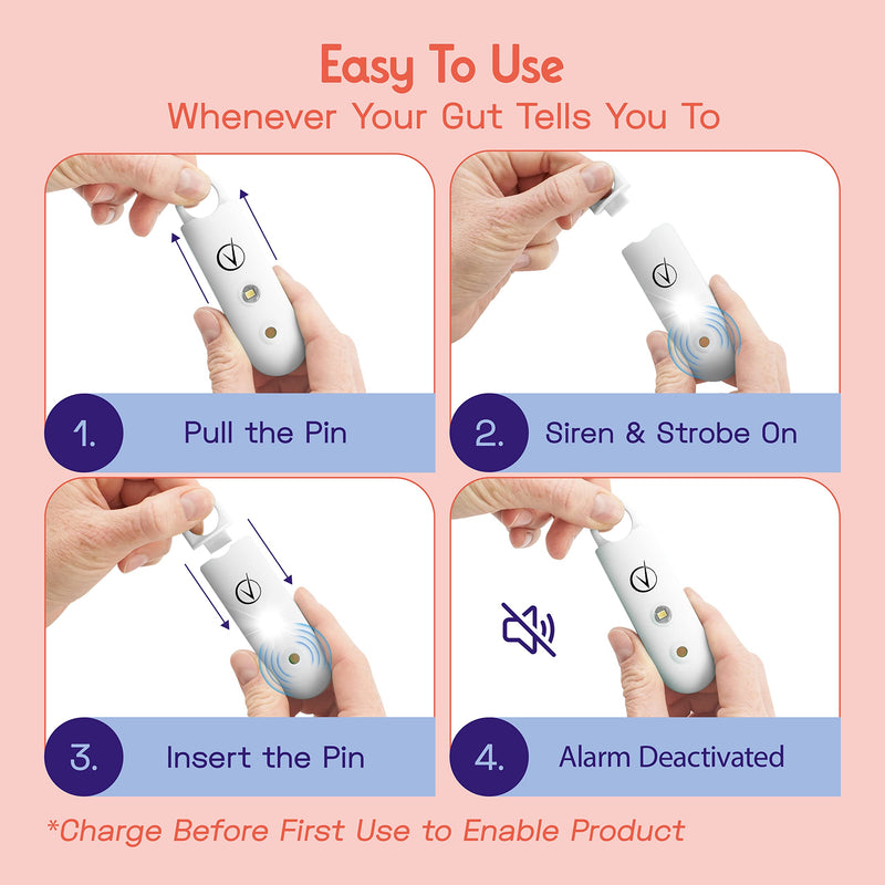Vantamo Personal Alarm for Women - Extra Loud Double Speakers, First with Low Battery Notice with Strobe Light, Rechargeable - Safety Alarm Keychain Pearly White.