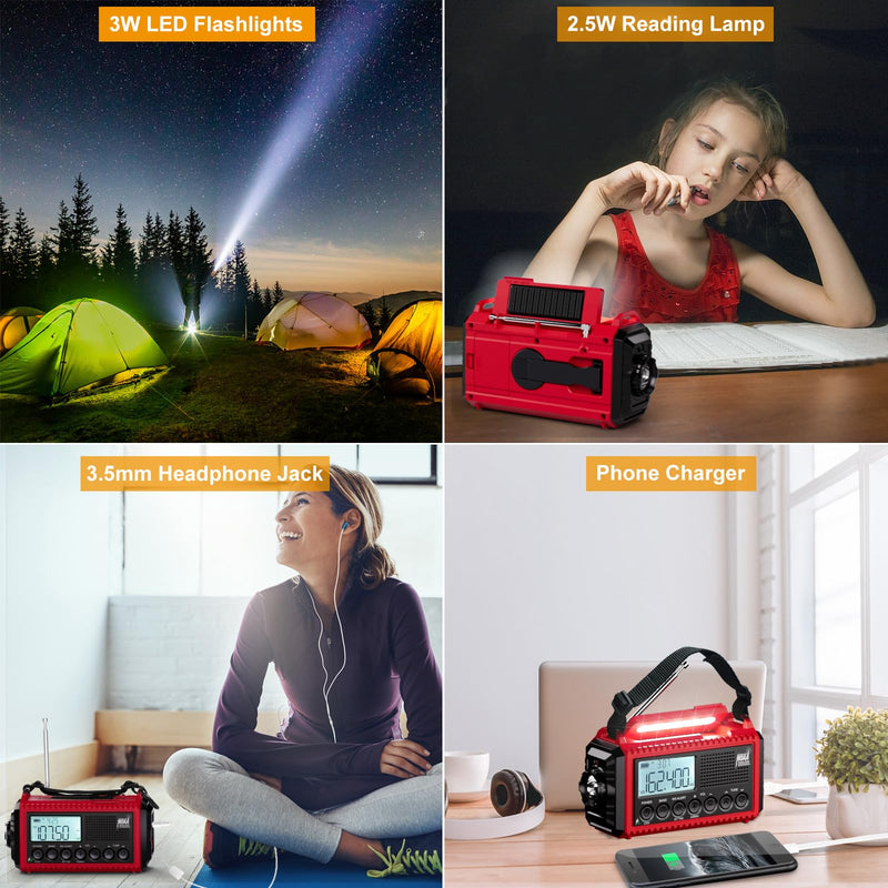 Raynic Emergency Radio, 5000mAh/18500mWh Weather Radio, Solar Hand Crank Emergency Radio with AM/FM/SW/NOAA, Cell Phone Charger, Headphone Jack, Flashlight, Type-C Charging and SOS Siren for Hurricane Red-LCD Display