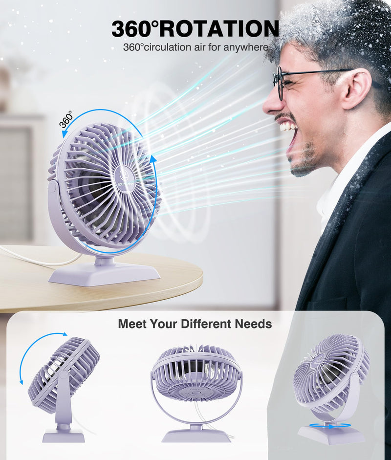 JZCreater Desk Fan, USB Fan for Desk, Strong Airflow, 360 Degree Rotation Desktop Cooling Personal 3 Speed, Quiet Mini Powered, Protable Small Home Office Bedroom Car Travel,Purple 4.9inch JZC-E282 1 Purple