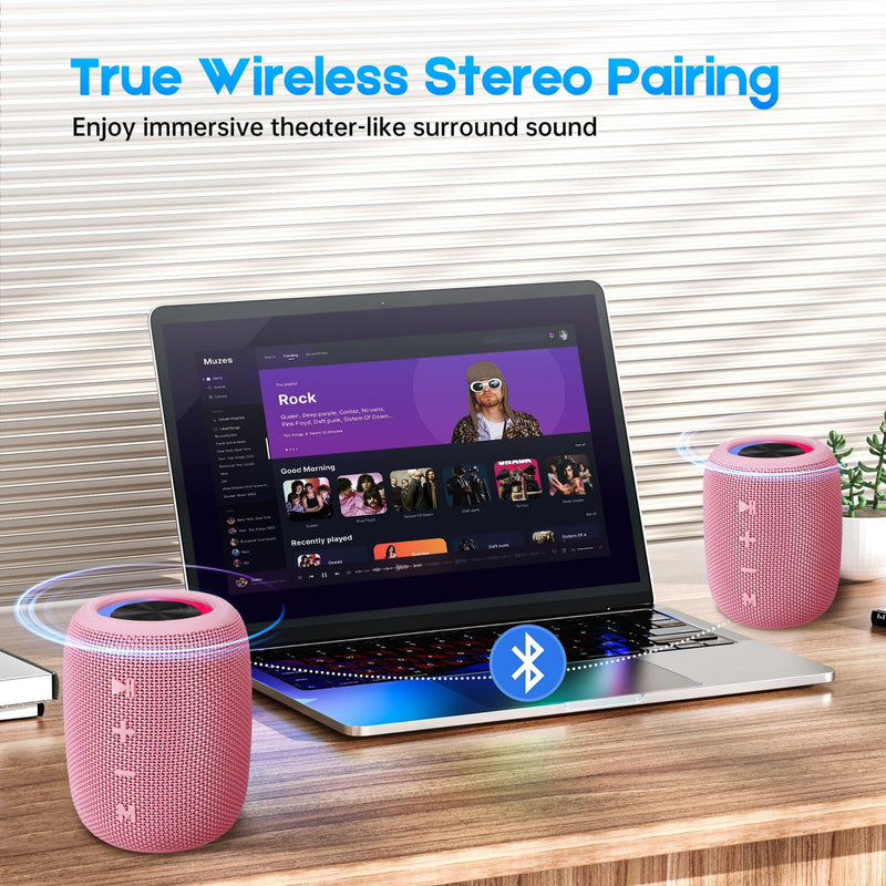 [AUSTRALIA] - Portable Bluetooth Speaker, BT5.3 Wireless Speaker 20W Bass Diaphragms with Multi LED Light Dynamic Modes, IPX6 Waterproof 16H Playtime supports FM Mode, TF, USB for Home, Cycling, Outdoor, Beach Pink 