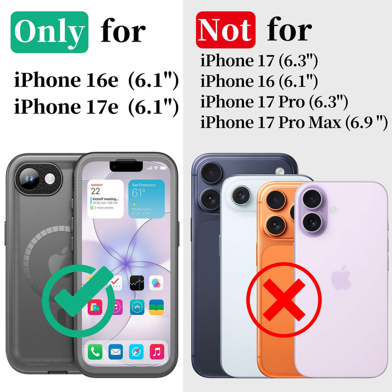 Cozycase for iPhone 16e/iPhone 17e Waterproof Case Heavy Duty Full Body | Compatible with MagSafe 360 Shockproof Dustproof with Screen Camera Protector Double IP68 Water Dust Drop Proof Cover Black Black/Mag For iPhone 16e/17e