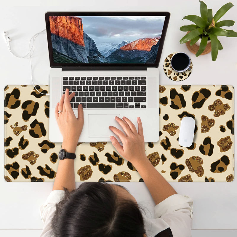Leopard Glitter Mouse Pad Large with Coaster, 35.4"x15.7" Full Desk Mousepad Stitched Edges Non Slip Base Desk Pad Extended Large Gaming XXL Mouse Pad for Desk Office Home XXL-35.4"x15.7"x0.12" Leopard Glitter