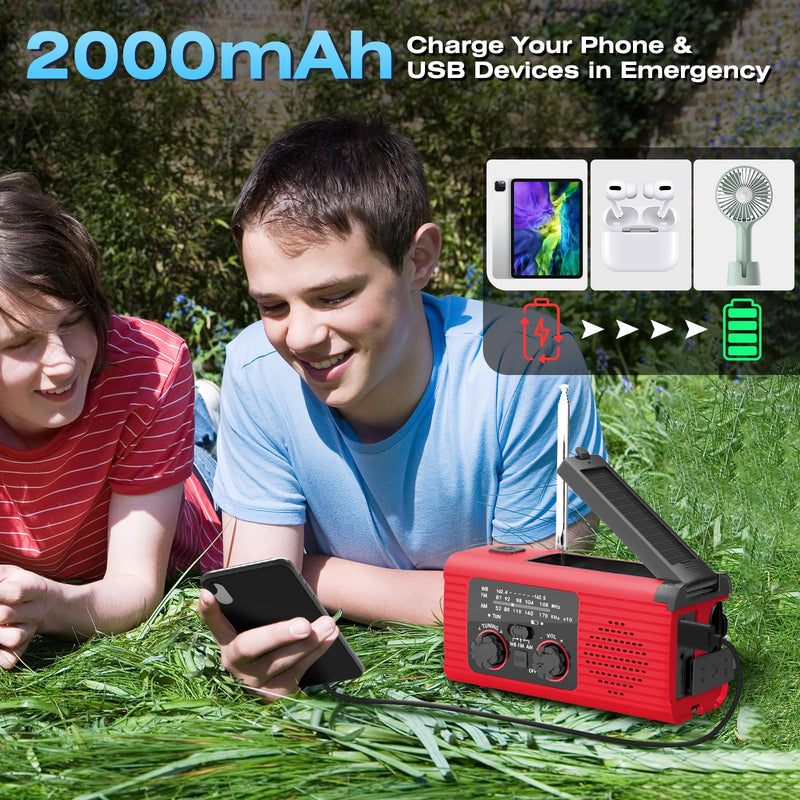 Emergency Radio, Hand Crank Radio Solar for Hurricane Supplies, AM/FM NOAA Portable Weather Radio 2000mAh with LED Flashlight, Power Bank, SOS Alarm 180°Rotatable Reading Lamp for Emergency Red