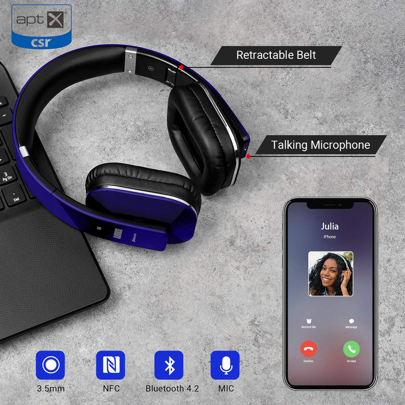 August EP650 Bluetooth Wireless Over-Ear Headphones - Blue | aptX Low Latency, NFC, Multipoint Pairing, Wired Option, Built-in Microphone, Audio EQ