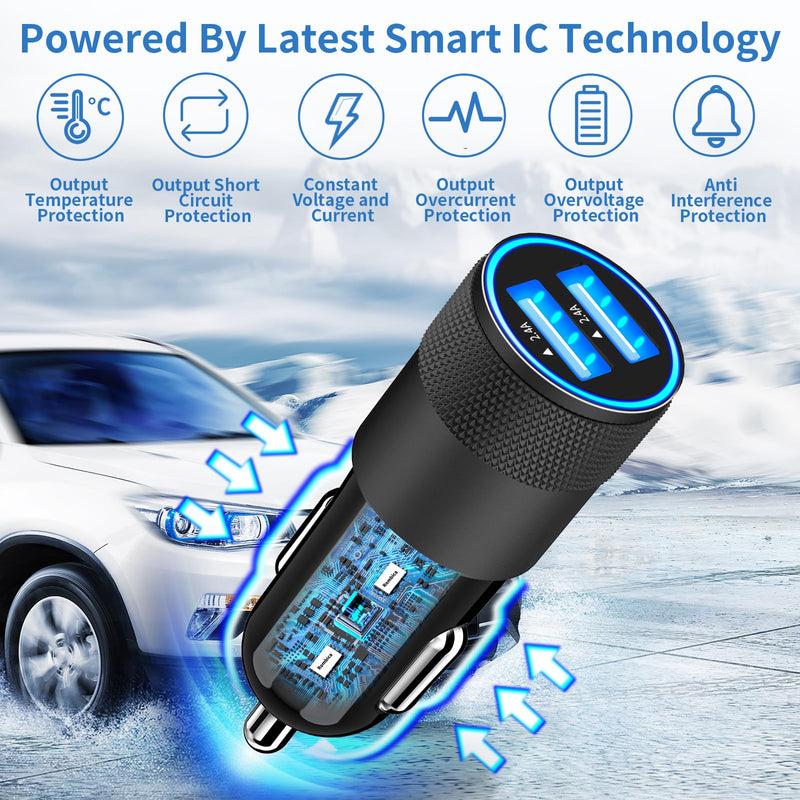 【MFi Certified】iPhone Fast Car Charger, Rombica 4.8A Dual USB Smart Power Cigarette Lighter USB Car Charger + 2Pack Lightning to USB Braided Cable for iPhone 14 13 12 11 Pro/XS Max/Mini/XR/SE/X/8/iPad Carbon Fiber Black