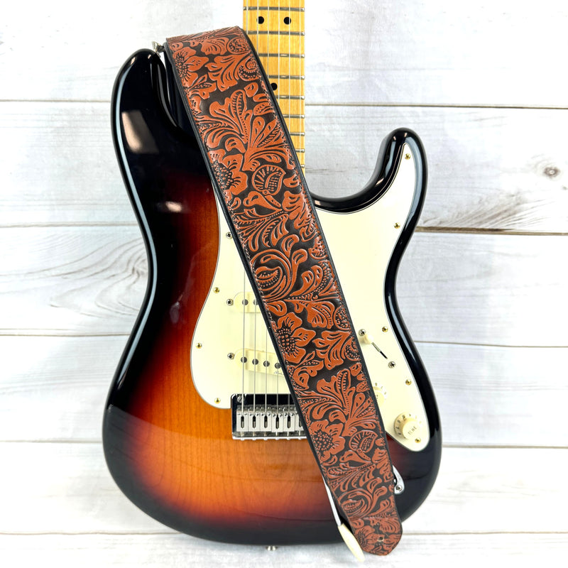 Walker & Williams G-973 Handmade Brown And Latigo Tan Western Embossed Guitar Strap with Soft Padded Back For Acoustic, Electric, And Bass Guitars
