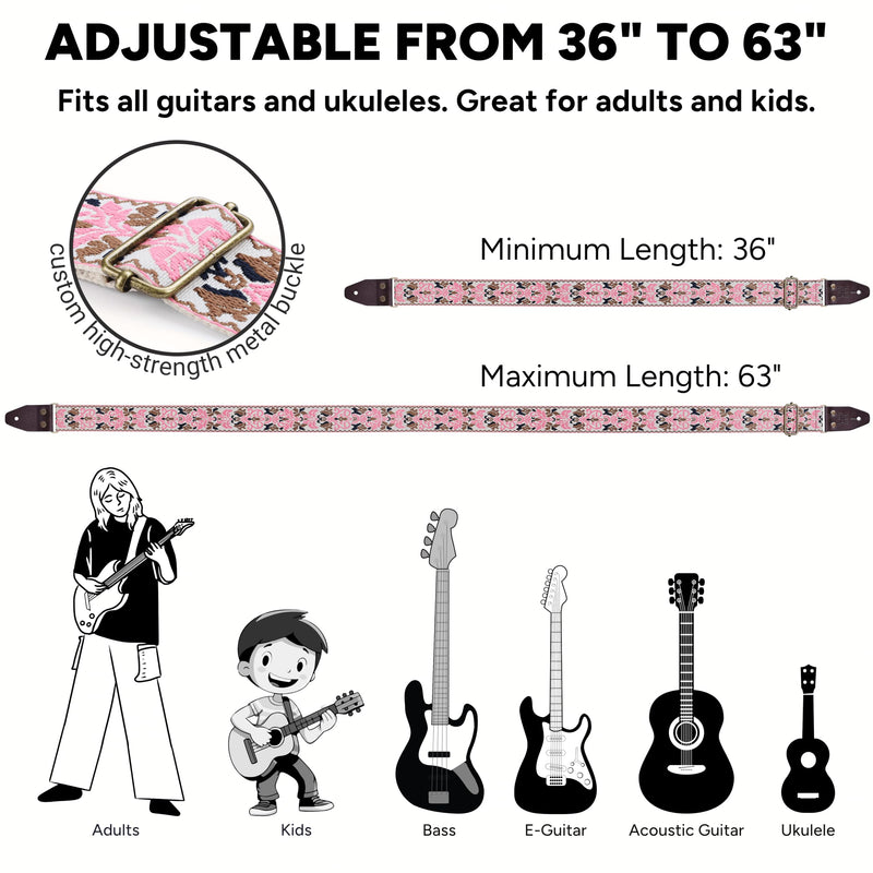 Amumu Pink Spades Heart Embroidery Guitar Strap - Vintage Style with Top Grain Cowhide Leather Ends & Pick Pocket - Fits Bass, Electric, Acoustic Guitars