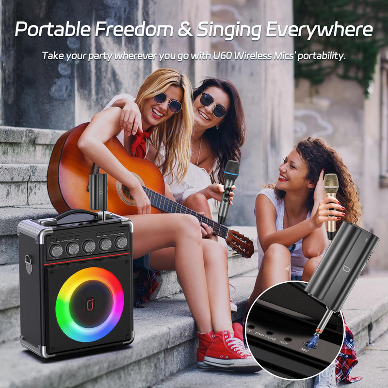 Wireless Microphones, Two UHF Microphones for Karaoke Singing, Rechargeable Dynamic Mic System with Receiver for Church, Party, Meeting, Speech, PA System, Plug and Play 20W