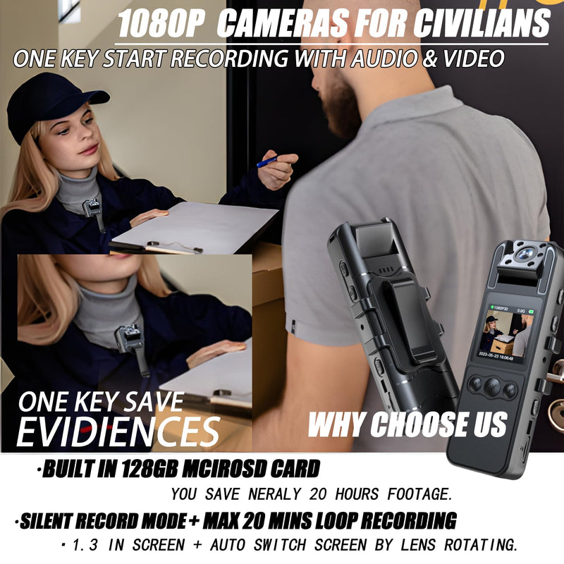 [AUSTRALIA] - Body Camera with Audio and Video Recording, HD 1080P Body Cam with 180° Rotating Lens, 6HR Battery, IR Cut Auto Night Vision, 128GB Body Worn Camcorder, for Personal Civilians, Police Law Enforcement 