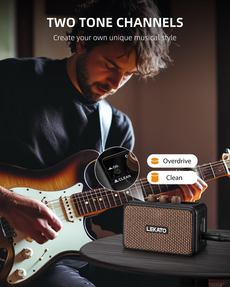 [AUSTRALIA] - LEKATO Mini Electric Guitar Amplifier, Dual Speakers 5W, Rechargeable Guitar Amp Bluetooth with Clean Overdrive Effects, Headphone Jack, Retro Portable Small Amp for Practice 