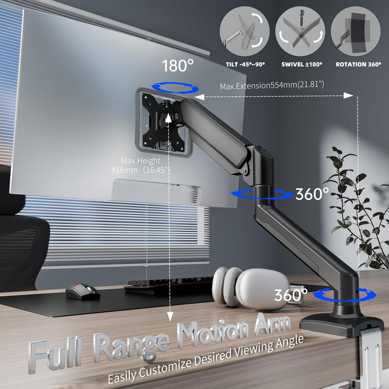Single Monitor Arm Desk Mount，Gas Spring Monitors Arm for 17-32 inch Screens,Adjustable Computer Monitors Stand up to 4.4 to 19.8 lbs,Vesa Mount with Clamp and Grommet Base, VESA 75 & 100mm,Single 32inch