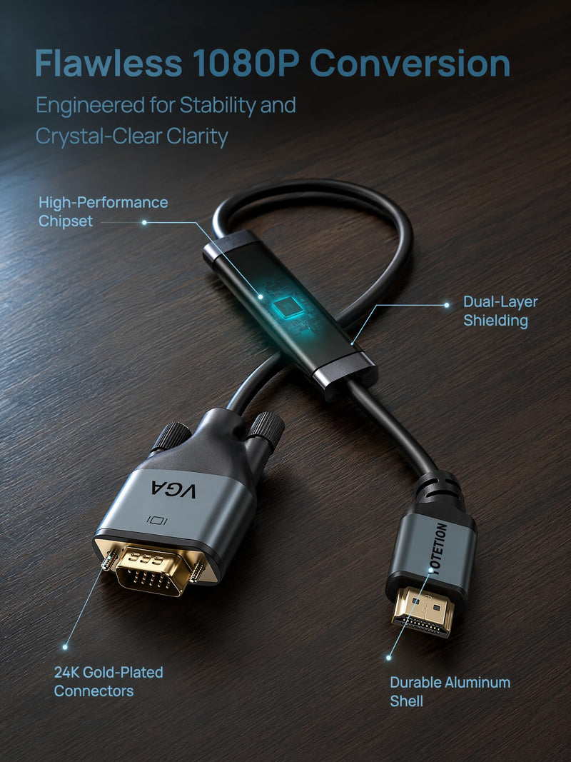 HDMI to VGA 75Ft Cable with IC, Gold-Plated HDMI to VGA Compatible for Computer, Desktop, Laptop, PC, Monitor, Projector,HDTV, Raspberry Pi, Roku, Xbox and More, Green-Gray Aluminum Shell