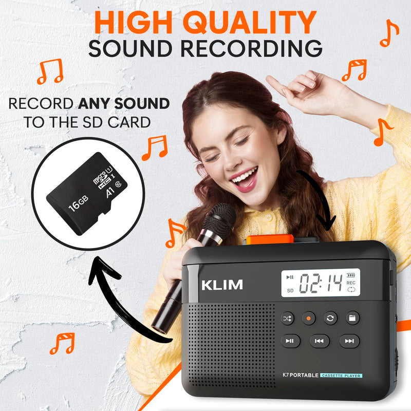 [AUSTRALIA] - KLIM K7 Cassette Tape Player - Cassette to MP3 Converter - Portable - Built-in Microphone & Speaker - Rechargeable Battery - Earphones - 16GB SD Card - Black-Orange Black Orange 