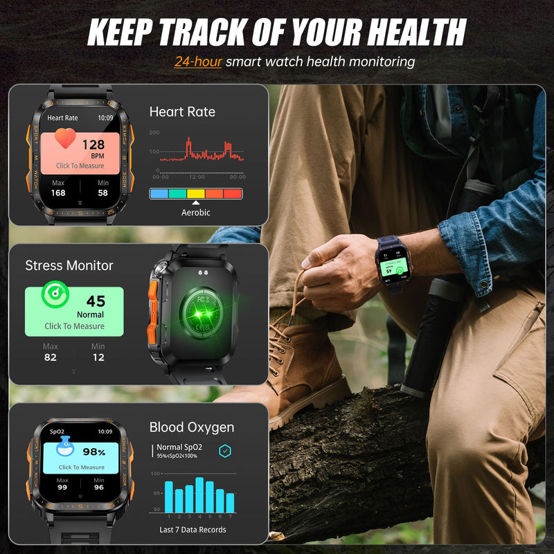 Military Smart Watch for Men with Call/LED Flashlight 1.96" Big Screen | 3ATM Waterproof Rugged Tactical Smartwatch with 100+ Sports Modes, Fitness Tracker with HR/Sleep Monitor for iPhone Android
