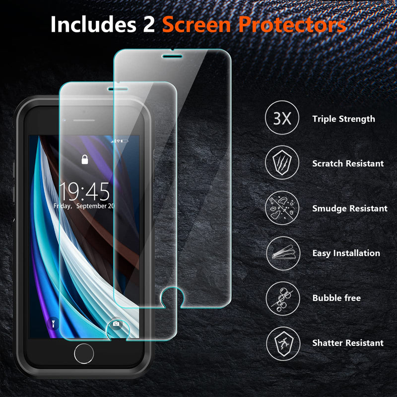 xiwxi for iPhone SE Case 2022/3rd/2020,iPhone 8/7 Case,with [2xTempered Glass Screen Protector] [360 Full Body Shockproof] [Heavy Dropproof],Hard PC+Soft Silicone TPU+Glass Screen Phone Case-Black Black