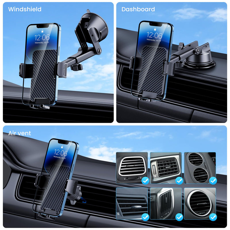 GUWEZ Phone Holder Car [Military Grade Suction Ultra Strong Base] Cell Phone Car Holder 3 in 1 Phone Mount for Car Dashboard & Carbon Fiber