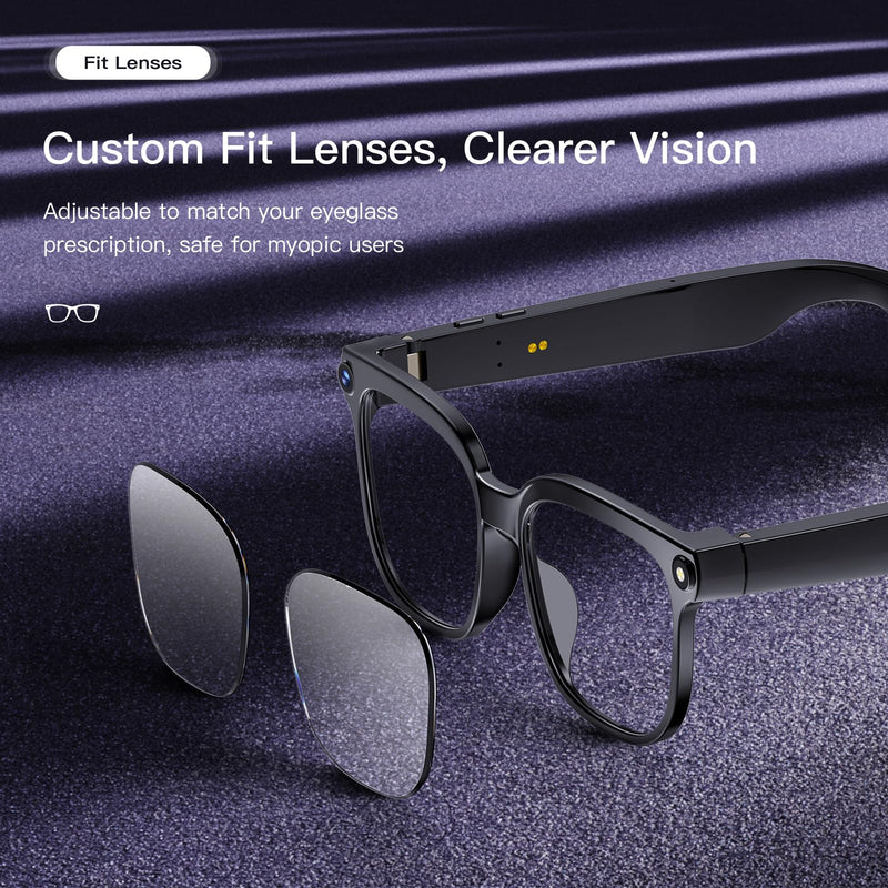 AI Glasses with Camera, 4K Video, 8MP Camera, Translation Smart | Hands-Free POV Recording Glasses, ChatGPT AI Assistant, Bluetooth & Open-Ear Audio, Weatherproof, for Business/Travel Black Glasses Frame