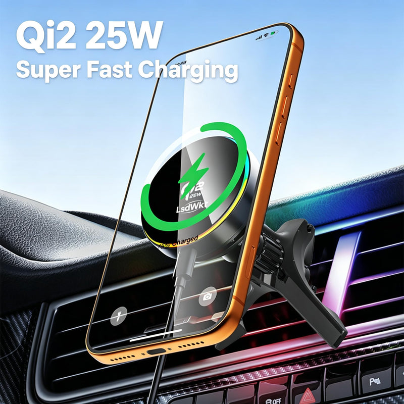 25W for MagSafe Car Mount Charger, Qi2.2 Certified Magnetic Wireless Air Vent Phone Mount, Built-in Cooling Fan, Super Strong Magnetic Hold, Fits iPhone 12 13 14 15 16 17 Series - LsdWkt