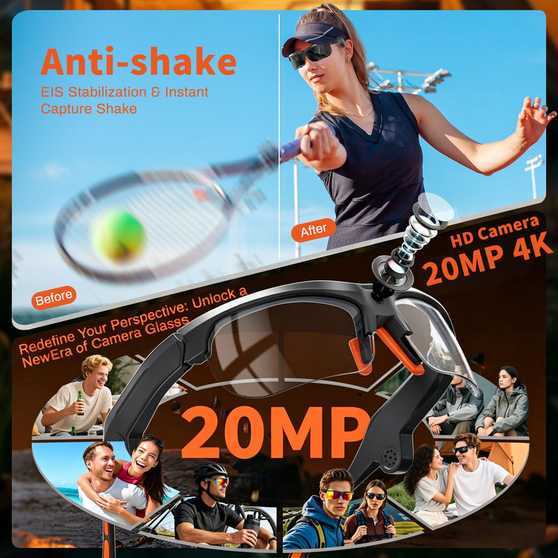 AI Smart Glasses - 2026 Upgrade with 20MP Camera, AI Voice Assistant & Real-World Recognition, EIS Anti-Bluetooth Audio Sunglasses, Sports Camera Glasses for Men and Women (Photochromic Lens) Photochromic