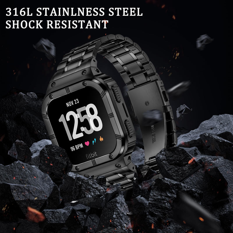 BAITEYOU Stainless Steel Watch Band with Case Compatible for Fitbit Versa/Fitbit Sense Bands, Rugged Protective Bumper Metal Wristbands for Men Women Black