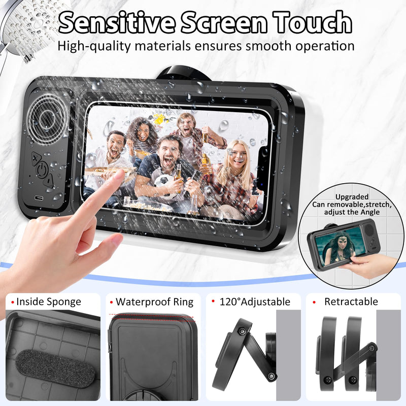 [AUSTRALIA] - Shower Phone Holder with Wireless Bluetooth Speaker,2026 New Waterproof 480 Rotation Viewable Shower Phone Case Speaker for Any Phone, Wall Mounted Phoneholder Stand for Bathroom Mirror (Black) Black 