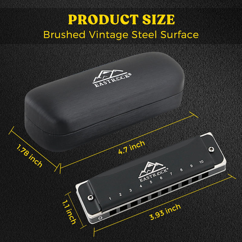 [AUSTRALIA] - EastRock Harmonica, Blues Harmonica Mouth Organ 10 Hole G Key with Case, Diatonic Harmonica for Professional Player, Beginner, Students, Adult, Friends, Gifts（Matte Black Finish） update10hole-G 