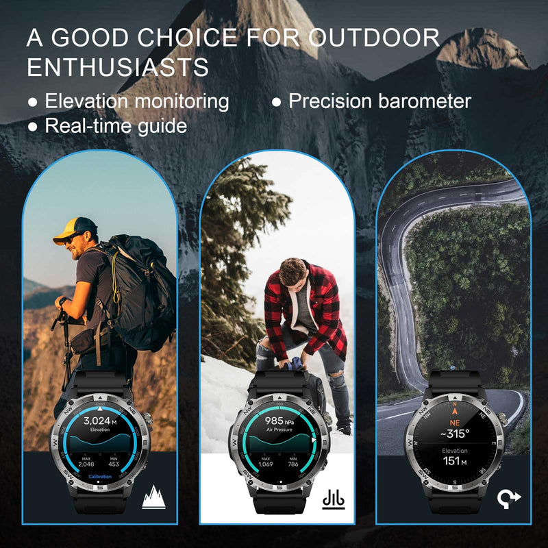 Military Smartwatch for Men, GPS Smart Watches Bluetooth Calls, 1.43" AMOLED Fitness Tracker with 530 mAh Large Battery/3ATM Waterproof/Compass/Air Pressure/Altitude for Android iOS Black