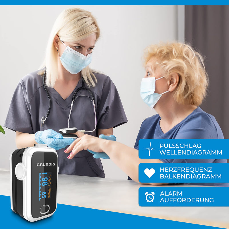 GRUNDIG Pulse Oximeter Oxygen Saturation Oximeter Test Winner - High Precision Finger Oximeter Meter for Accurate Measurement of Oxygen Saturation in the Blood - Finger Measuring Device Pulse Monitor White