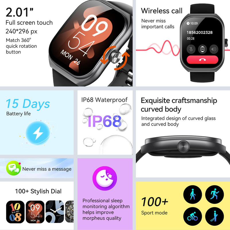Smart Watches for Men(Answer/Make Call), 2.01" Curved Screen HD Fitness Tracker Watch with Blood Pressure/Heart Rate Monitor, SpO2, Fitness Watch for Men, Smart Watch for Android/iOS Phones (Black)