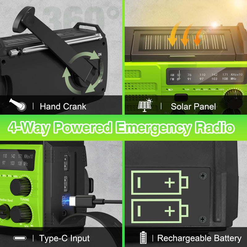 Emergency Radio 22200mWh Solar Hand Crank Emergency Radio: AM/FM/NOAA Weather Radio with Phone Charger, Flashlight & Reading Lamp, Headphone Jack, SOS Alarm for Home Survival Hurricane Green-6000mAh