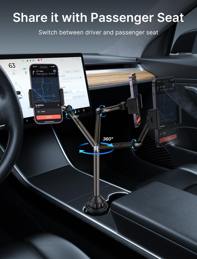 JSAUX Car Cup Holder Phone Mount, Metal Long Arm, Adjustable Base | Sturdy Metal Arm, Adjustable Height and Angle, Secure Phone Grip, Fits 2.17-4.33 in Car Cup Holders ClipMount