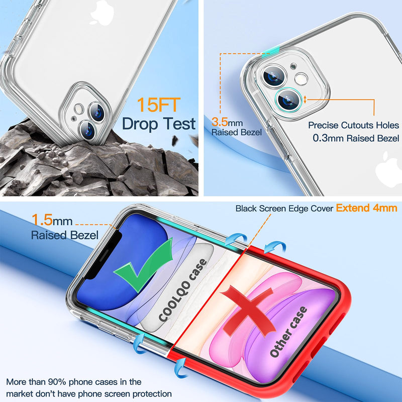 COOLQO Compatible with iPhone 11 Case, and [2 x Tempered Glass Screen Protector] for Clear 360 Full Body Coverage Hard PC+Soft Silicone TPU 3in1 Shockproof Protective Phone Cover 111_Clear 6.1 Inch
