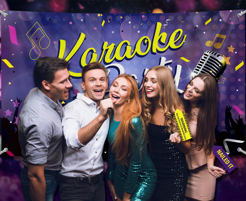 Karaoke Party Decoration Kit - Includes Photography Backdrop & 10 Studio Selfie Photo Booth Props with Sticks - Music Disco Theme Studio Background Banner Birthday Supplies Karaoke