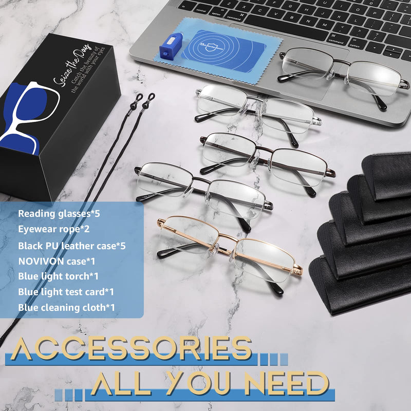 NOVIVON 5 Pack Reading Glasses for Men, Metal Blue Light Blocking Readers with Spring Hinges, Anti Eye Strain Eyeglasses (Gunmetal*2, Gold, Silver, Brown, 2.0)