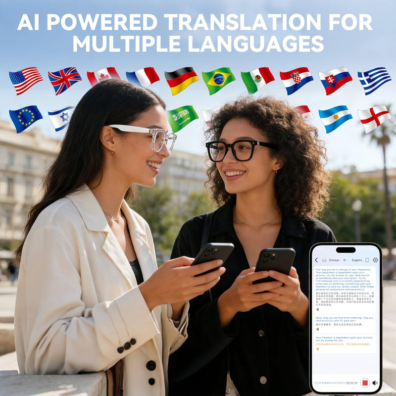 AI Smart Glasses, Bluetooth Glasses for Men & Women, Open-Ear Music & Calls | Touch Control,Voice Assistant,Audio Recording,Real-Time Translation,35g Lightweight for Business Meetings, Travel & Daily Use White Frame-Transparent Lens(Style1)