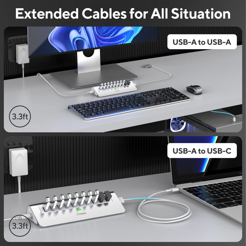 Powered USB Hub, intpw 10 Port USB 3.1 Hub with 10Gbps Data Transfer, 30W(12V/2.5A) Power Adapter, USB Type A and Type C Cable, Aluminum USB Splitter for Laptop, MacBook and Desktop Computer