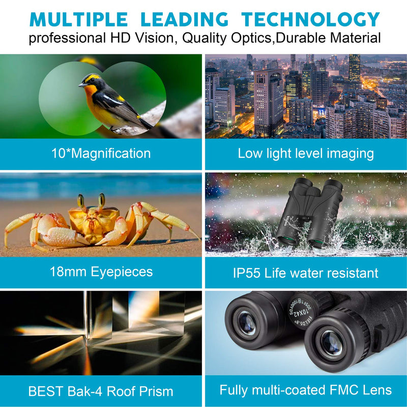 10x42 Binoculars for Adults - Professional HD Roof BAK4 Prism Lens Binoculars for Bird Watching, Hunting, Travel, Sports, Opera, Concert, with Carrying Bag (1.0 lbs) New Model