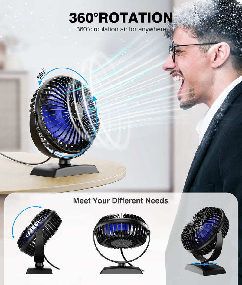 JZCreater USB Desk Fan, USB Fan Mini, 360 Rotation Desktop Fan with 3 Speed, Table Personal Cooling Fan, Quiet Mini Desk Fan, USB Powered, Small Fan for Home Office Bedroom Car Travel,Black 1 Black+Blue