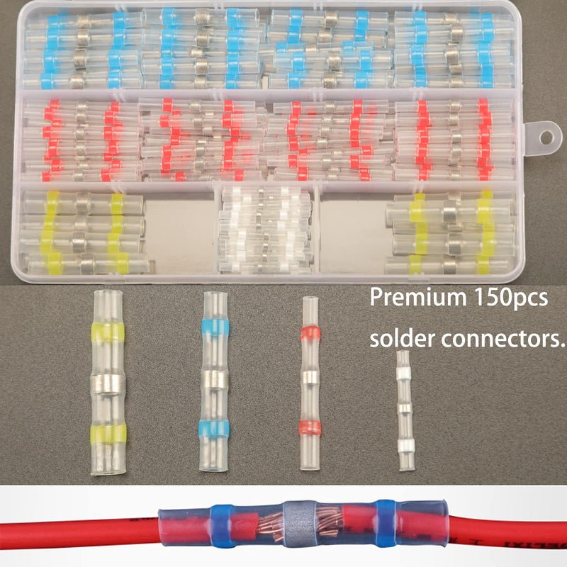 150PCS Waterproof Solder Seal Wire Connectors, Heat Shrink Terminals Kit, Marine Grade Butt Splice Connectors 150pcs