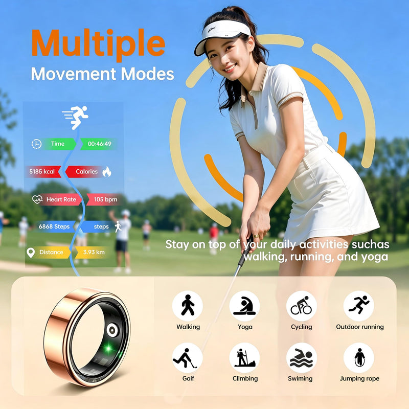 Smart Ring for Women & Men, Health and Sleep Tracker Ring with Heart Rate, Blood Oxygen,Blood Pressure, Waterproof Fitness Ring, Free APP for iOS Android Gold 10