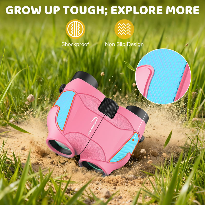[AUSTRALIA] - Aurosports 15x25 Compact Binoculars for Kids - Small Binoculars Lightweight with Carrying Case Birding Guide for Bird Watching Hiking Camping Travel Gift for 8-12 Years Boys Girls (Pink) Pink 