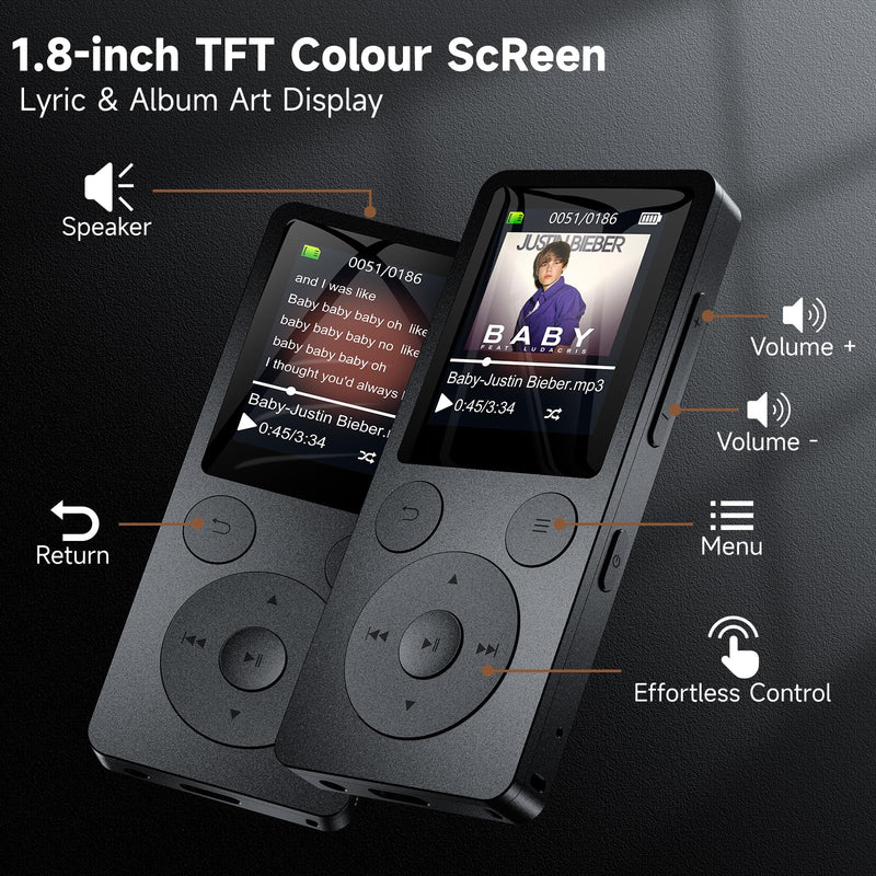 [AUSTRALIA] - 64GB MP3 Player with Bluetooth 5.3 Auto Reconnect, MP3 Music Player with Speaker, 1.8" Screen & Physical Buttons, Voice Recorder, FM Radio, 40H Battery Life, No WiFi, Support 128GB microSD Card Black 