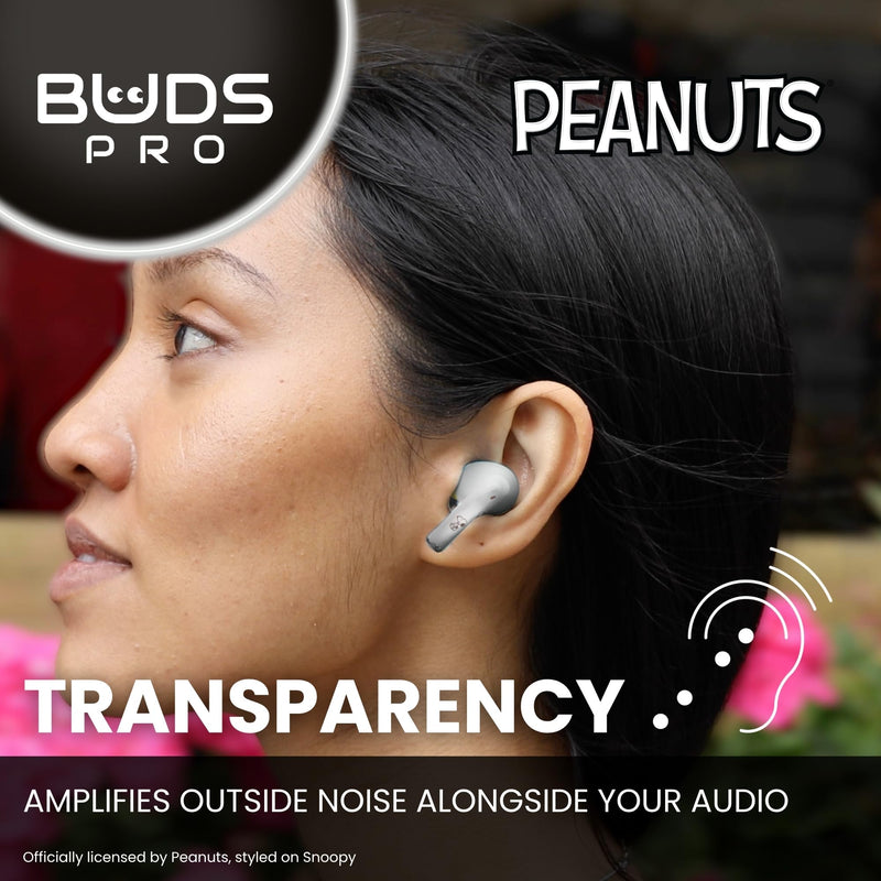 Buds Pro Peanuts Snoopy Wireless Bluetooth EarBuds & Phone Holder - In Ear Headphones with Microphone, 28+ Hours Playtime, Active Noise Cancelling Wireless Earbuds with IPX4 Rating & Charging Case