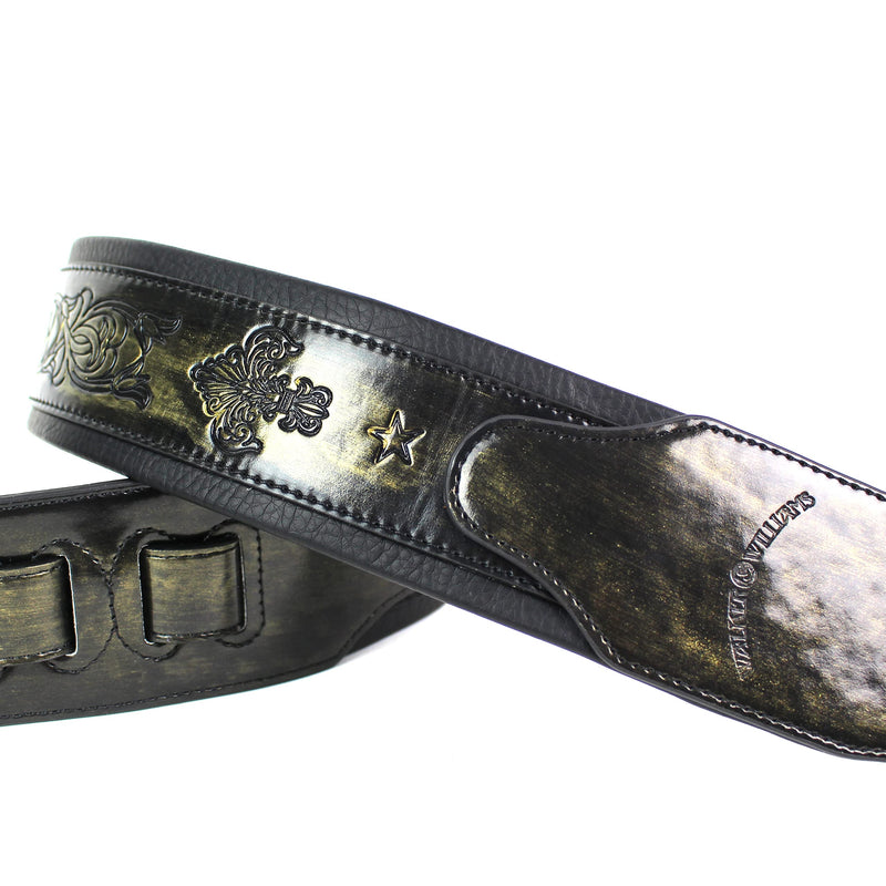 Walker and Williams GB-24 Brushed Gold Padded Guitar Strap with Fleur De Lis & French Chain Design for Acoustic, Electric, and Bass Guitars